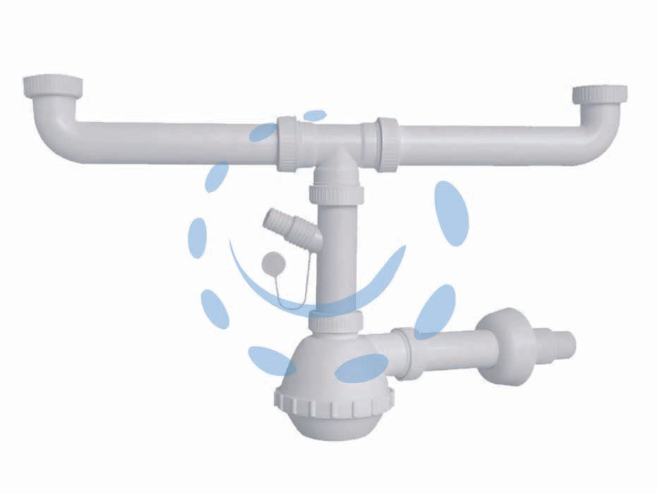 Sifone moplen a fiasco 2 vie con scarico - 1'1/4-1/2 universale per lavello - in polipropilene, con scarico lavatrice, lavastoviglie, tubo di scarico ø mm.40/32, senza pilette