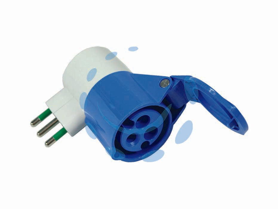 Adattatore industriale con spina 16a e presa cee 309 - 16A colore blu 73000 - spina 2 poli + terra 16A 250v, presa 2 poli + terra 16A 220v CEE 309