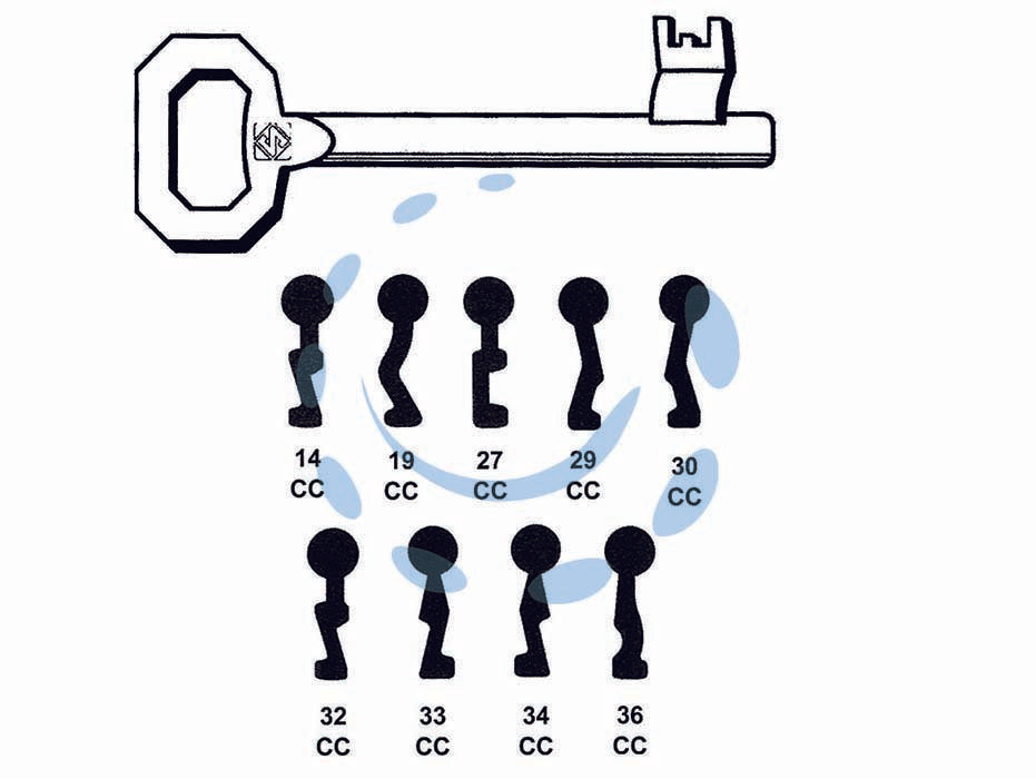 Chiavi patent per serrature a bussola corni - 33 CC - in acciaio nichelato, per serrature a bussola da infilare