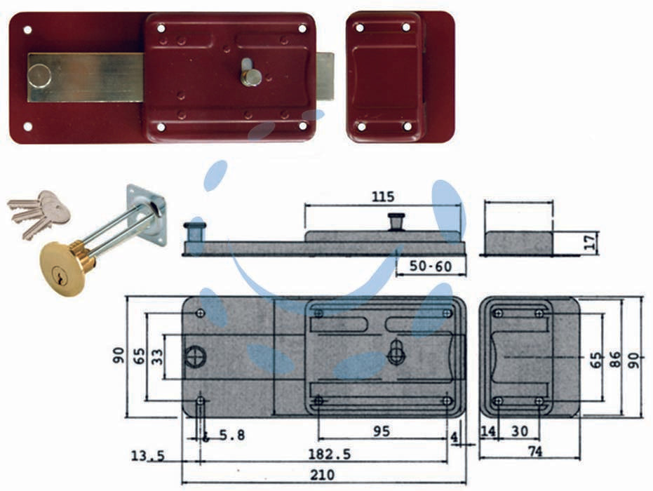 Ferroglietto con catenaccio 6 mandate scrocco cilindro staccato 55071 - mm.50 (55071501) - scatola e bocchetta in acciaio verniciato rosso amaranto, serratura da applicare per porte in legno, catenaccio in acciaio sm...