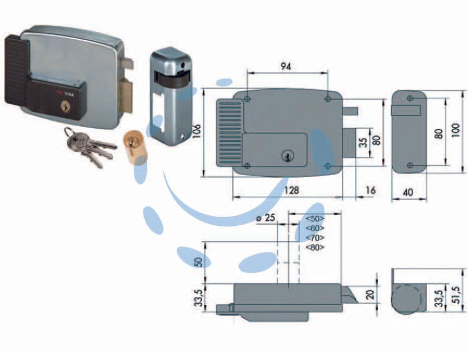 Elettroserratura per cancelli senza tetto 11921 - mm.50 DX (11921501) - scatola e bocchetta in acciaio con rivestimento in zinco, tensione 12v AC, scrocco autobloccante, apertura dall’interno con c...