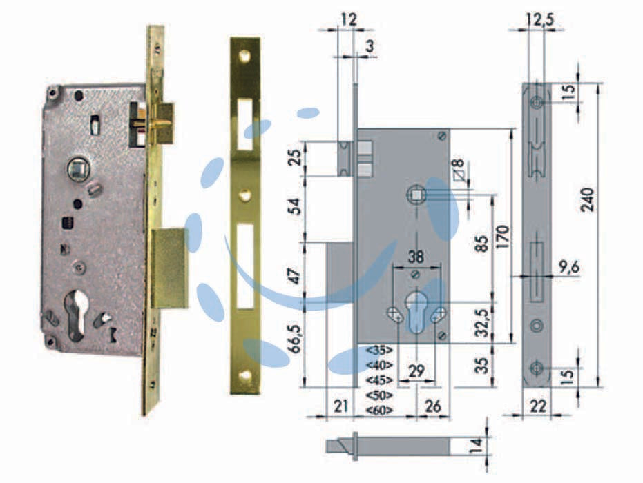 Serratura da infilare cisa logo bordo quadro 5c611 - mm.35 (5C611350) - scatola in acciaio con rivestimento in zinco, frontale e contropiastra con bordo quadro ottonati, catenaccio a 2 mandate e sc...