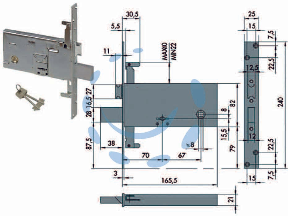 Serratura triplice da infilare per fasce doppia mappa mm.82 h 57318 - mm.70 (57318730) - quadro maniglia, 4 mandate, con catenaccio, scatola e frontale in acciaio con rivestimento in zinco, catenaccio in acciaio ni...