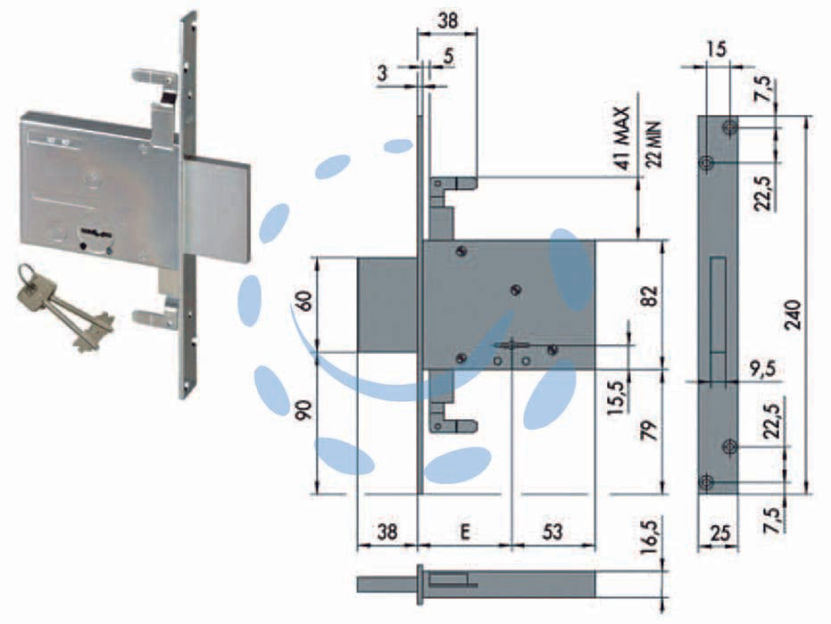 Serratura triplice da infilare doppia mappa 57016 - mm.60 con 2 chiavi (57016600) - scatola e frontale in acciaio con rivestimento in zinco, catenaccio in acciaio nichelato, predisposizione per chiusure supple...