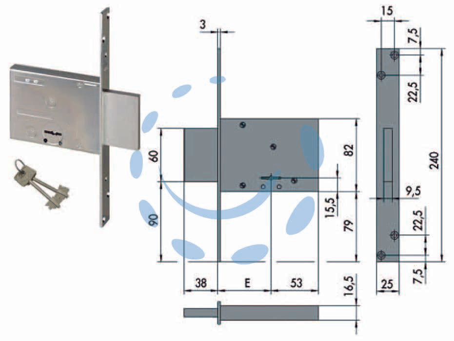 Serratura da infilare doppia mappa 57013 - mm.50 (57013500) - per porta in ferro, scatola e frontale in acciaio con rivestimento in zinco, catenaccio in acciaio nichelato, 4 mandate, dota...