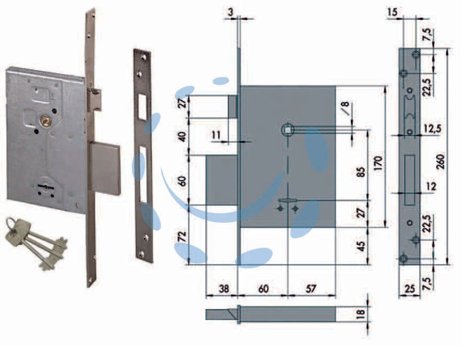 Serratura da infilare doppia mappa con scrocco 57250 - mm.60 (57250600) - quattro mandate, quadro maniglia, con catenaccio e scrocco reversibile, scatola in acciaio con rivestimento in zinco, frontal...