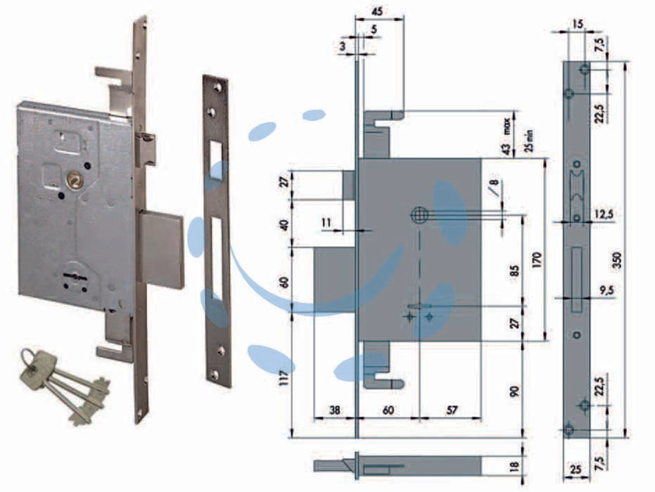 Serratura triplice da infilare doppia mappa con scrocco 57255 - mm.60 (57255600) - 4 mandate, quadro maniglia, con catenaccio e scrocco reversibile, con quadro maniglia da mm.8 passante, scatola in acciaio co...