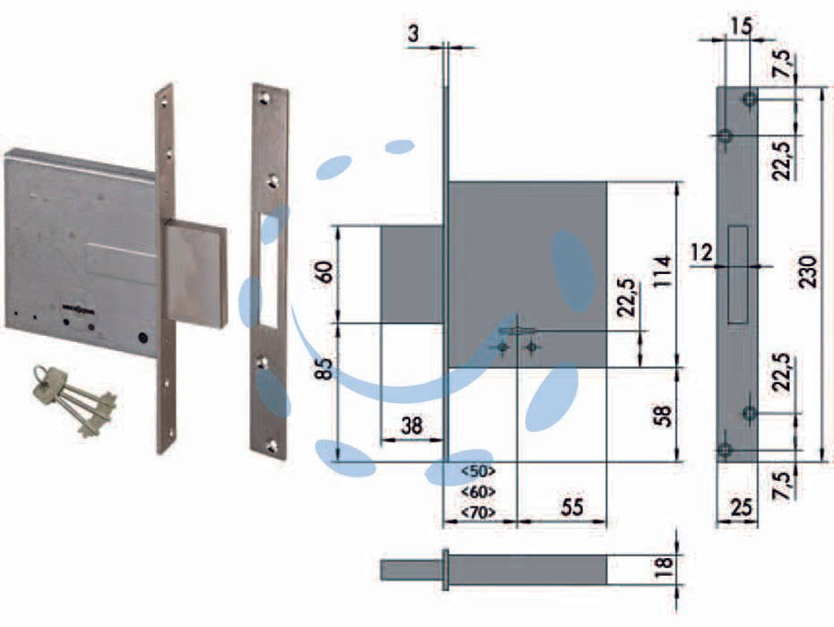 Serratura da infilare doppia mappa 57010 - mm.50 (57010500) - scatola in acciaio con rivestimento in zinco, frontale e contropiastra in acciaio satinato nichelato, catenaccio in acciaio n...