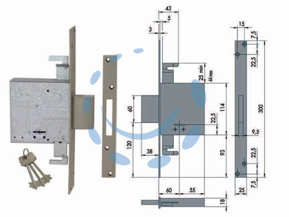 Serratura triplice da infilare doppia mappa 57015 - mm.60 (57015600) - 4 mandate, solo catenaccio, scatola in acciaio con rivestimento in zinco, frontale e contropiastra in acciaio satinato nichel...