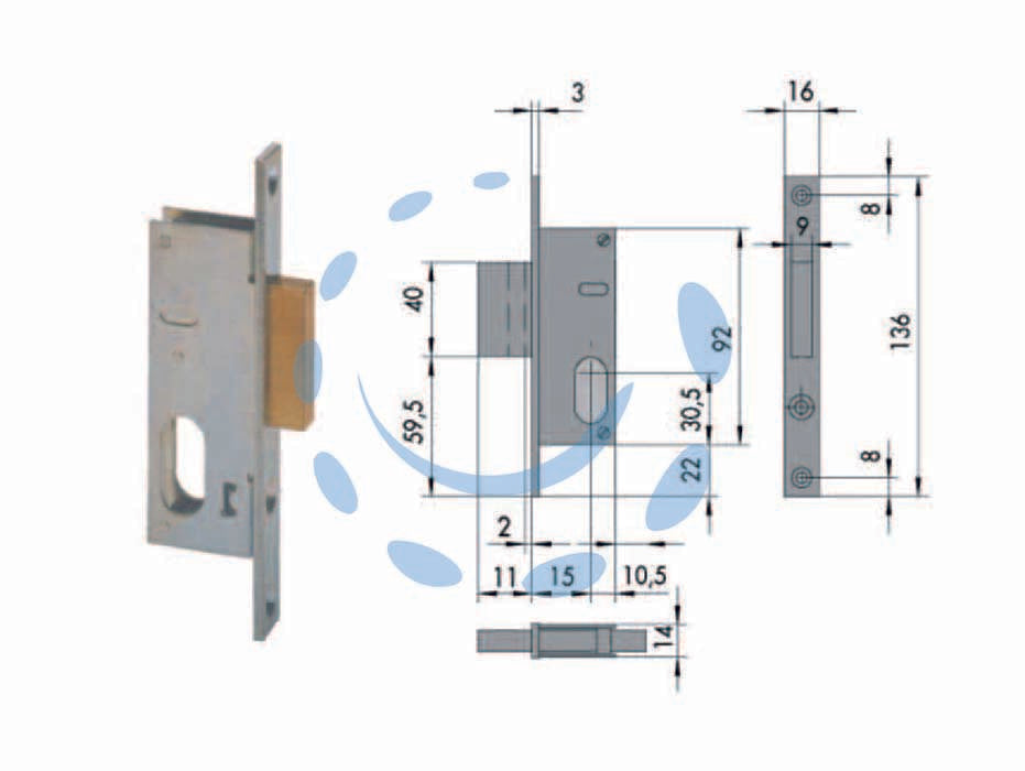 Serratura da infilare per montanti solo catenaccio 44240 - mm.15 (44240150) - scatola e frontale in acciaio con rivestimento in zinco, catenaccio in ottone, 1 mandata, cilindro non compreso