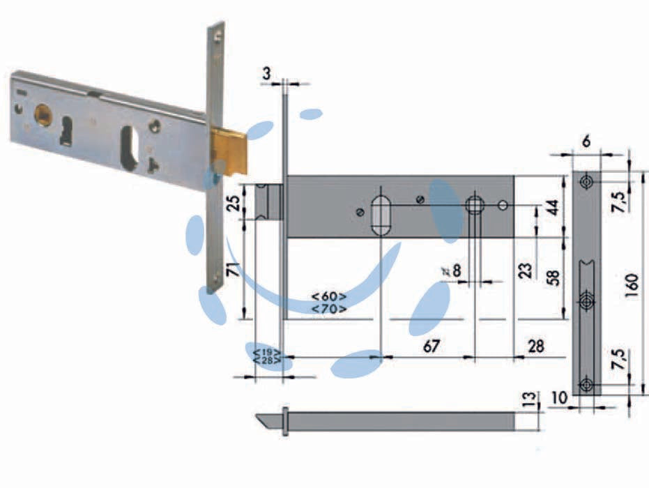 Serratura da infilare per fasce catenaccio e scrocco mm.44 h 44150 - mm.60 1 mandata (44150600) - scatola e frontale in acciaio con rivestimento in zinco, catenaccio con scrocco incorporato in ottone, con quadro maniglia da...