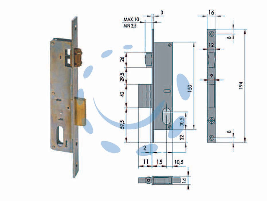 Serratura da infilare per montanti catenaccio e rullo 44230 - mm.15 (44230150) - scatola e frontale in acciaio con rivestimento in zinco, catenaccio e rullo in ottone regolabile, cilindro ovale non compreso