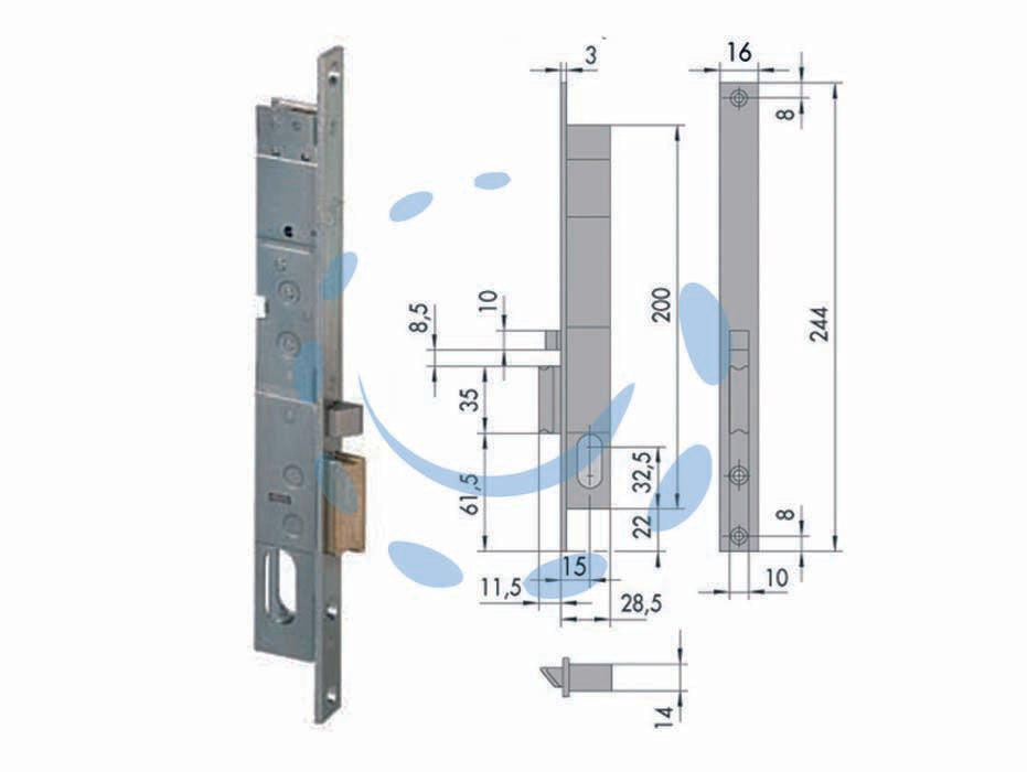 Elettroserratura da infilare per montanti 14020 - mm.15 DX (14020151) - scatola e frontale in acciaio con rivestimento in zinco, scrocco  autobloccante in ottone, cilindro non compreso, tensione 12...