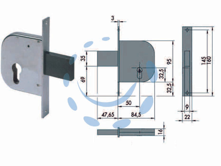 Serratura da infilare per cancelli solo catenaccio 42022 - mm.50 (42022500) - scatola e frontale in acciaio con rivestimento in zinco, solo catenaccio a 2 mandate in acciaio, funzionante con cilindro sag...