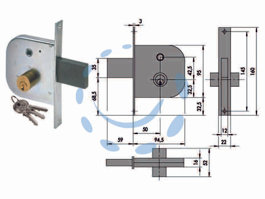 Serratura infilare per cancelli con quadro catenaccio e scrocco 42310 - mm.50 (42310500) - scatola e frontale in acciaio con rivestimento in zinco, catenaccio con scrocco incorporato a 1 mandata in acciaio, con quadr...