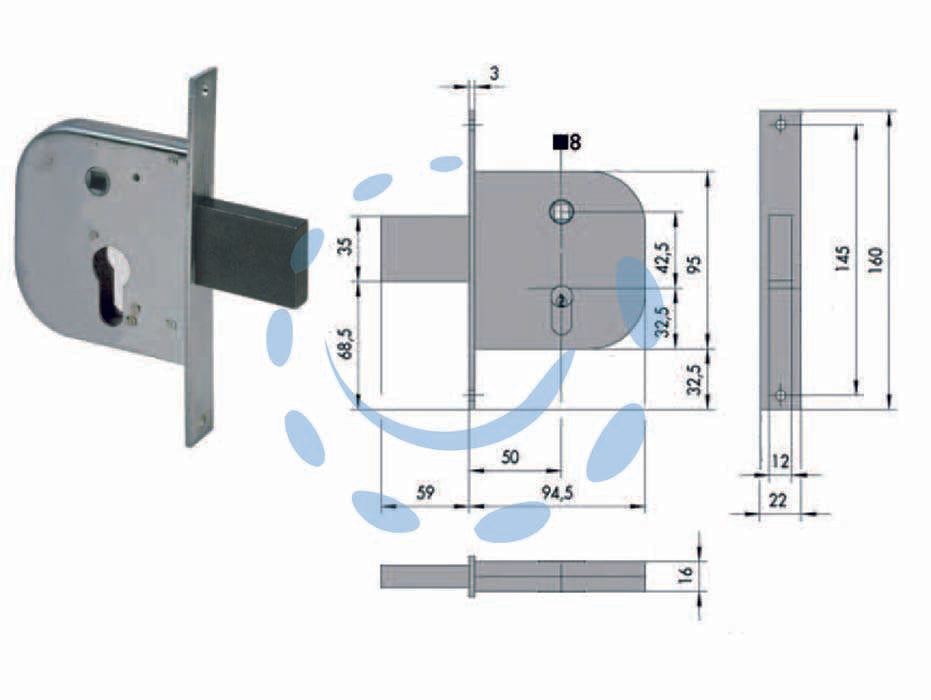 Serratura infilare per cancelli con quadro catenaccio e scrocco 42312 - mm.50 (42312500) - scatola e frontale in acciaio con rivestimento in zinco, catenaccio con scrocco incorporato a 1 mandata in acciaio, con quadr...