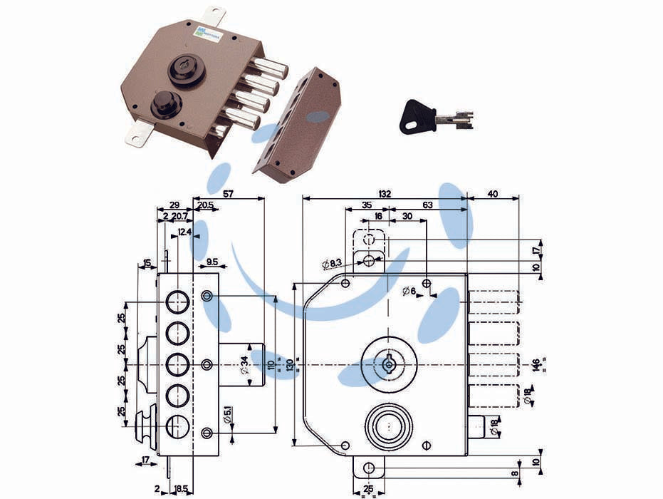 Serratura triplice da applicare con scrocco a pompa 30630 - mm.60 DX cilindro ø mm.30 (30630VD60XE) - 4 mandate, scatola in acciaio verniciato, catenacci e scrocco a pistoni in acciaio cromato, tirante interno, dotazione 1 most...