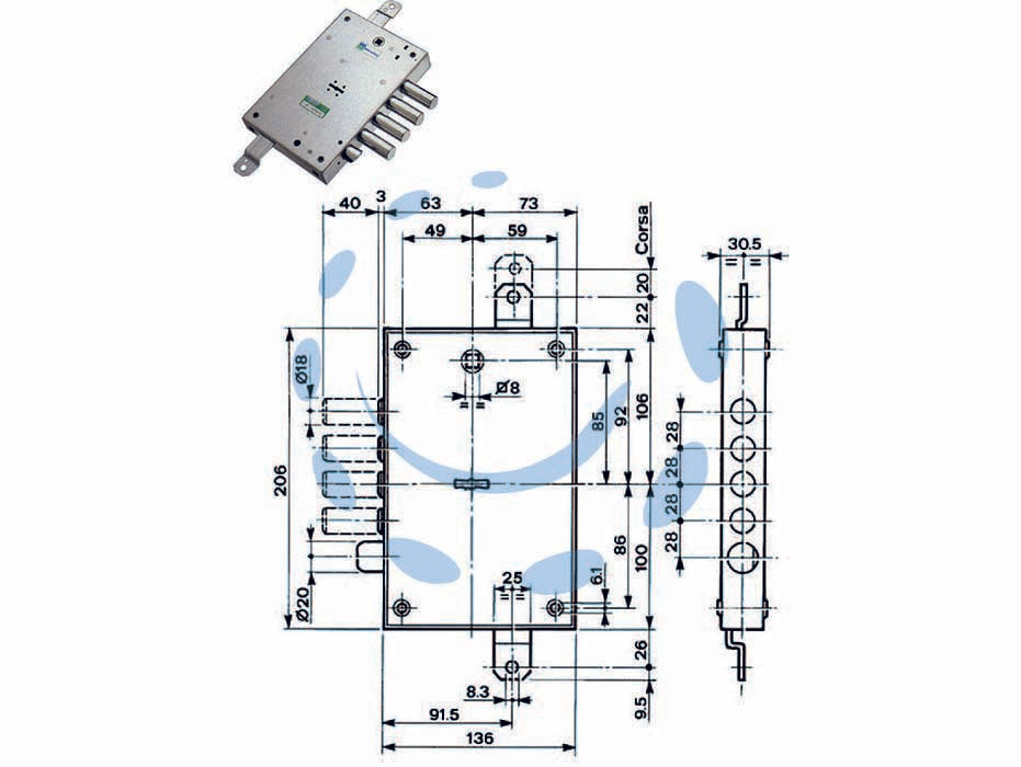 Serratura triplice applicare con scrocco dm blindate 52571/28 - mm.63 DX (52571ROMD 36) - scatola in acciaio zincato, catenacci e scrocco a pistoni con interasse mm.28 in acciaio cromato, 4 mandate, scrocco azionato...