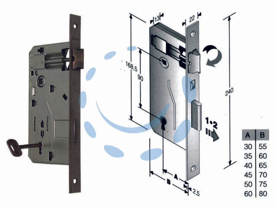 Serratura a bussola da infilare bordo quadro bronzato - mm.60 bordo acciaio bronzato - scatola in acciaio lucido, quadro maniglia mm.8 dotazione 1 chiave, interasse mm.90, frontale bordo quadro