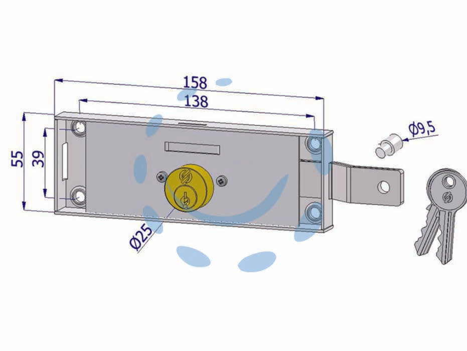 Serratura per serranda laterale cilindro fisso tondo - DX/SX accoppiate KA (2285XZB4508XX3) - scatola acciaio zincato, cilindro in ottone, catenaccio movimentato da chiave, 2 mandate, in dotazione 3 chiavi