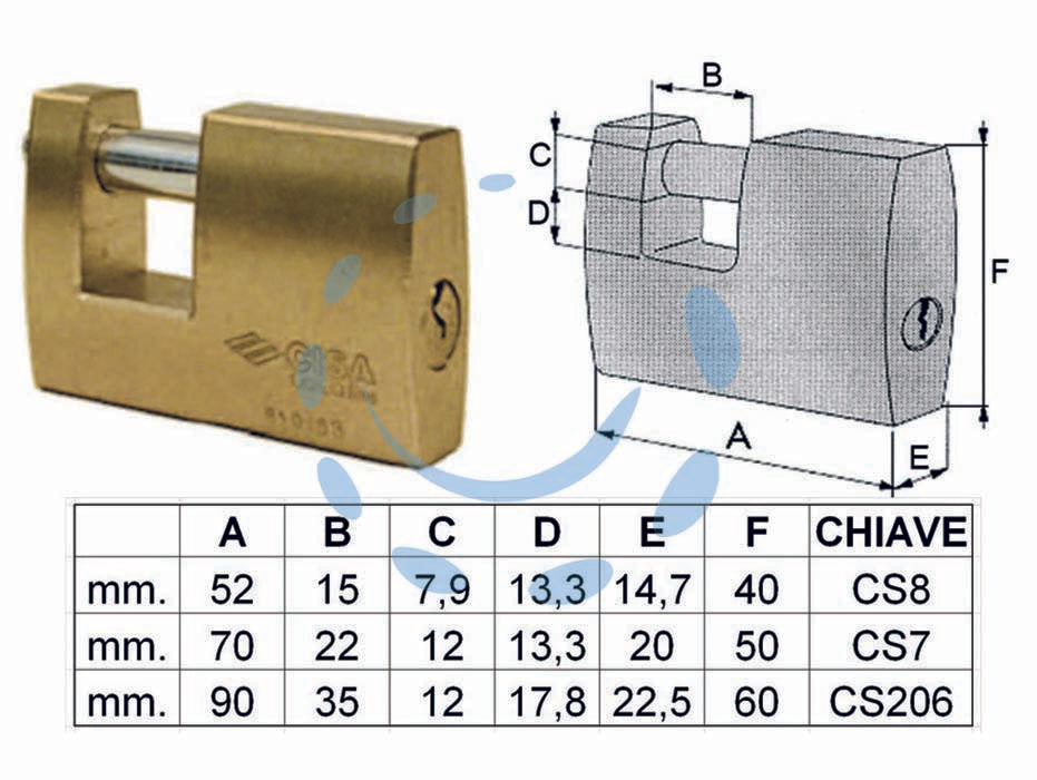 Lucchetto logo rettangolare in ottone 21610 - mm.90 (art.21610900) - corpo monoblocco in ottone smerigliato, barra in acciaio cementato nichelato antistrappo, dotazione 2 chiavi
