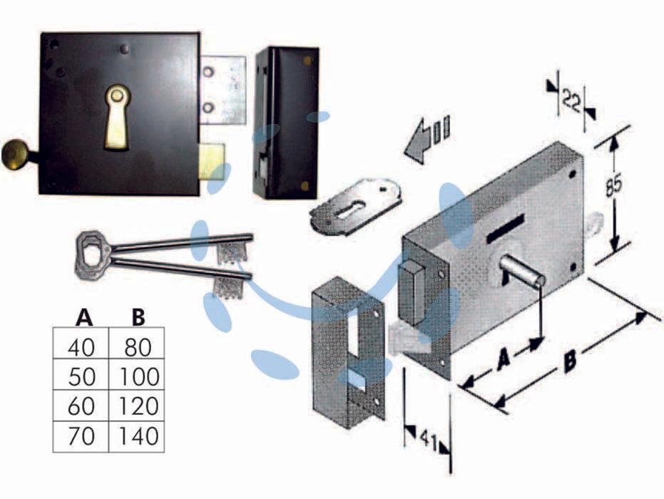 Serratura da applicare per cantine 175 - enrtata mm.70, lunghezza mm.140 DX - scocca e incontro in metallo verniciato marrone, 2 mandate, quadro maniglia mm.6 dotazione 1 mostrina chiave e 2 chiavi
