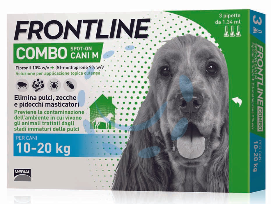 Frontline combo per cani medi - in confezione da 3 pipette - per cani da Kg.10 a Kg.20, è una soluzione insetticida e acaricida in forma spot-on per cani, grazie alla combinazione dei su...