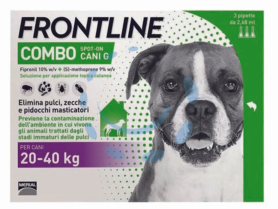 Frontline combo per cani grandi - in confezione da 3 pipette - per cani da Kg.20 a Kg.40, è una soluzione insetticida e acaricida in forma spot-on per cani, grazie alla combinazione dei su...