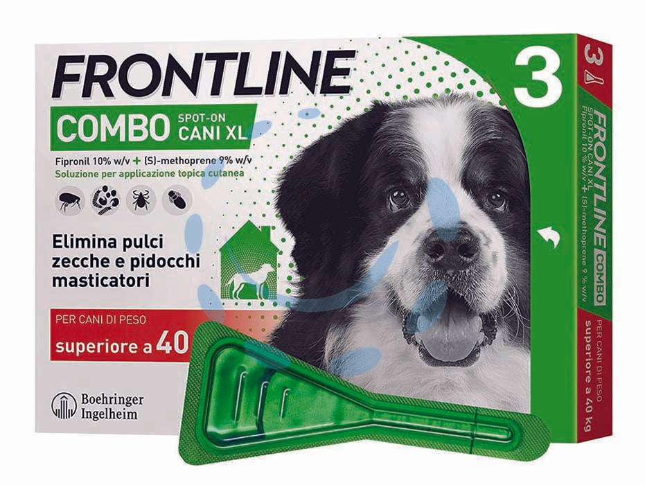 Frontline combo per cani extra large - in confezione da 3 pipette - per cani da Kg.40 a Kg.60, è una soluzione insetticida e acaricida in forma spot-on per cani, grazie alla combinazione dei su...