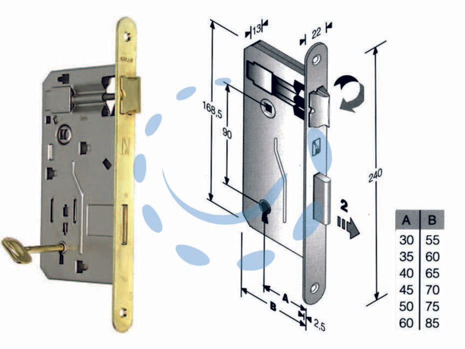 Serratura a bussola da infilare bordo tondo ottonato - mm.35 bordo acciaio ottonato - scatola in acciaio lucido, quadro maniglia mm.8 dotazione 1 chiave, interasse mm.90, frontale bordo tondo