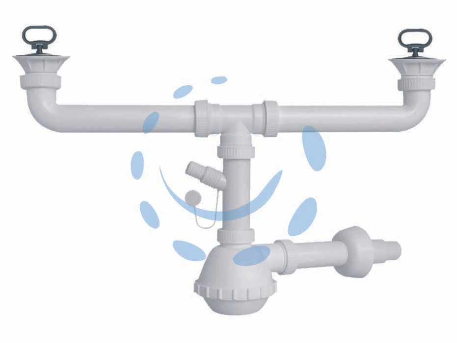 Sifone moplen a fiasco 2 vie con scarico e pilette - 1'1/2 per lavello ceramica - in polipropilene, con scarico lavatrice, lavastoviglie,  tubo di scarico ø mm..40/32, fornito con pilette gattinara ø mm.80/5...