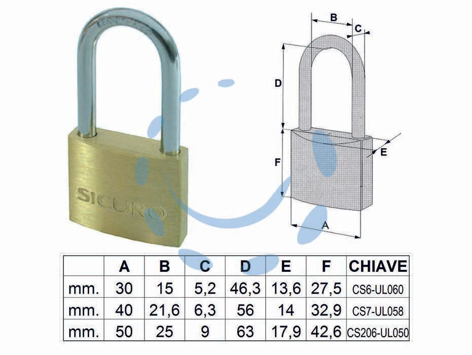 Lucchetto ottone arco lungo - mm.30 - corpo in ottone lucido, arco in acciaio temperato cromato, dotazione 3 chiavi