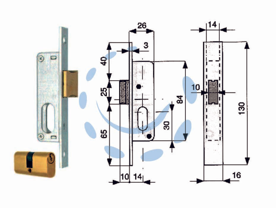 Serratura da infilare per montanti solo scrocco con cilindro 904 - mm.14 (904.14.1) - scatola in acciaio zincato con frontale da mm.16, solo scrocco in ottone, con cilindro ovale da mm.56 centrato (28x28)