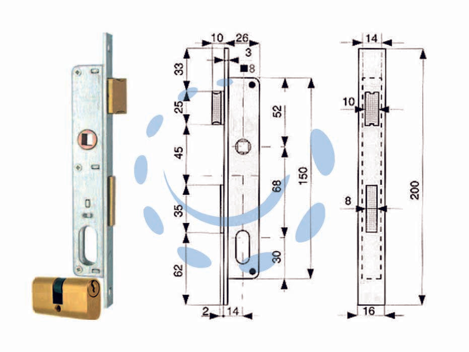 Serratura infilare per montanti catenaccio e scrocco con cilindro 911 - mm.14 (911.14.1) - scatola e frontale da mm.16 in acciaio zincato, catenaccio a 1 mandata e scrocco separato in ottone, quadro maniglia passante...