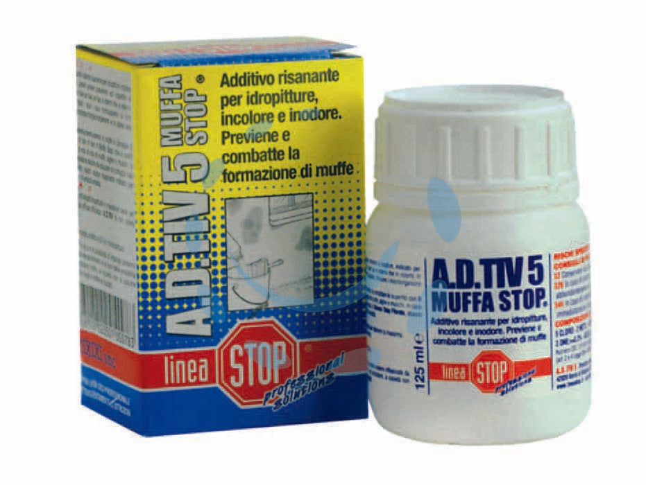 A.d.tiv 5 muffa stop - ml.125 flacone diluire in lt.5/7 idropittura - è un additivo universale per tutti i tipi di idropitture, trasforma una normale idropittura in un prodotto con caratteristich...