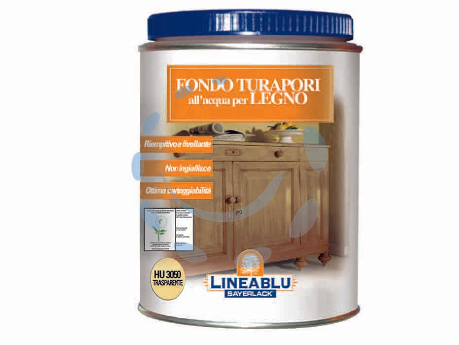 Fondo turapori allacqua per legno - HU 3050 trasparente ml.750 - dove si applica: manufatti in legno per arredi interni, antine, battiscopa, porte, sedie, mobili, come si applica: pennello a...