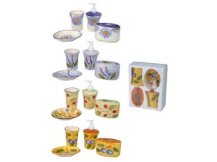 Set bagno in ceramica decorata colorata - 1 bicchiere, 1 portasapone, 1 portaspazzolini, 1 dosatore per sapone liquido, imballo: 8 confezioni colori e decori assorti...