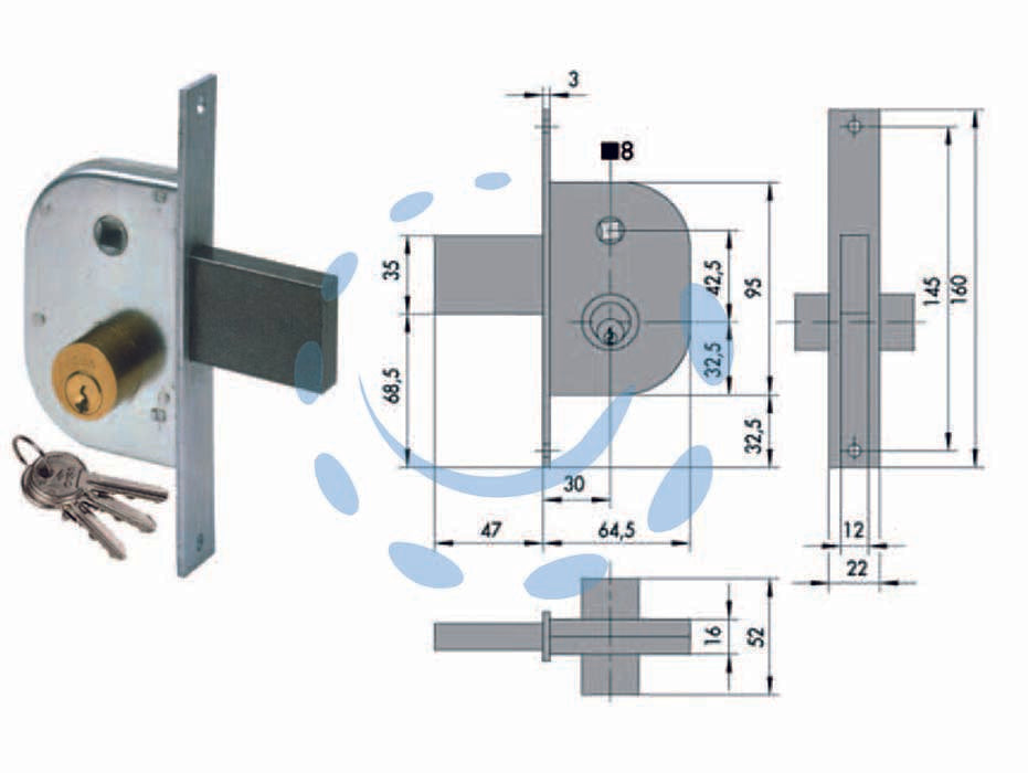 Serratura infilare per cancelli con quadro catenaccio e scrocco 42210 - mm.30 (42210300) - scatola e frontale in acciaio con rivestimento in zinco, catenaccio con scrocco incorporato a 1 mandata in acciaio, con quadr...