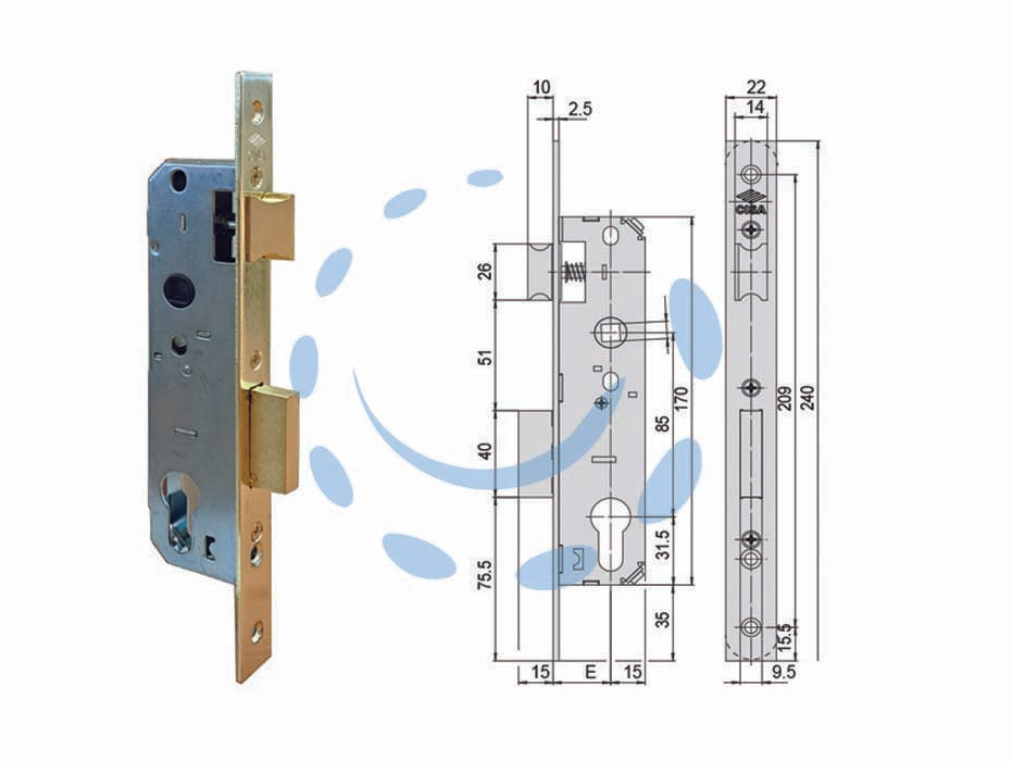 Serratura da infilare a cilindro 1 mand. bordo quadro 5c012 - mm.25 (5C012250) - scatola in acciaio con rivestimento in zinco, frontale e contropiastra in acciaio satinato ottonato, catenaccio a 1 mandata c...