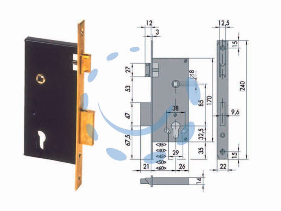 Serratura da infilare a cilindro 2 mand. bordo quadro 5c110 - mm.35 (5C110350) - scatola in acciaio verniciata colore nero semi-opaco, frontale e contropiastra in ottone satinato, catenaccio a 2 mandate con...