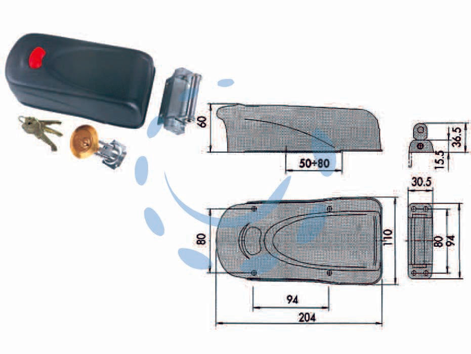 Elettroserratura per porte in legno con pulsante interno 1a610 - (1A610.00.0) - mm.50/80 tensione 12v, reversibilità DX/SX ed entrata variabile, scudo di protezione in acciaio verniciato, bocchette in me...