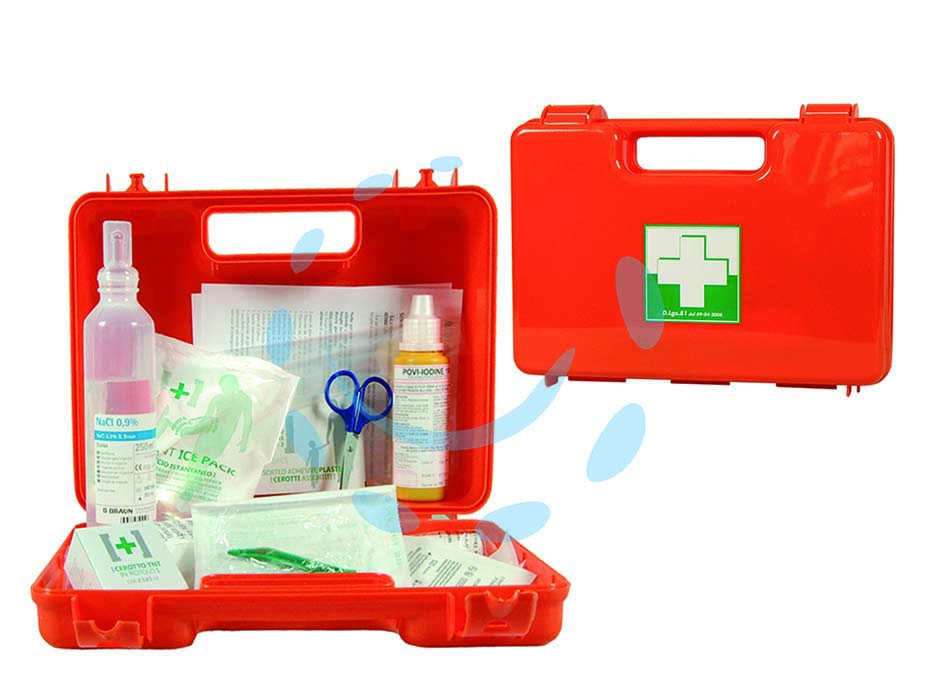 Cassetta pronto soccorso - cm.23x35x12,5 - contenuto ministeriale per 2 persone D.M. n° 388 del 15.07.2003: 2 paia di guanti sterili monouso, 1 flacone da ml.125 di sol...