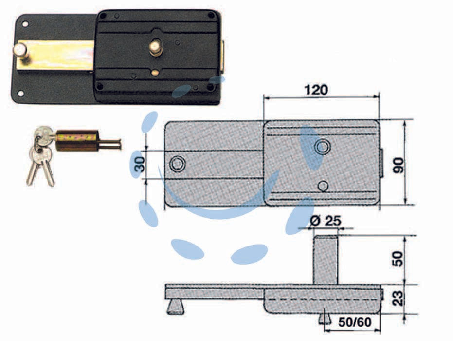 Ferroglietto con catenaccio 6 mandate con cilindro fisso 220cf - mm.50 (220/CF) - serrature di sicurezza da applicare per porte in ferro, catenaccio a 6 mandate e pomolo interno di sblocco, con cilindro fiss...