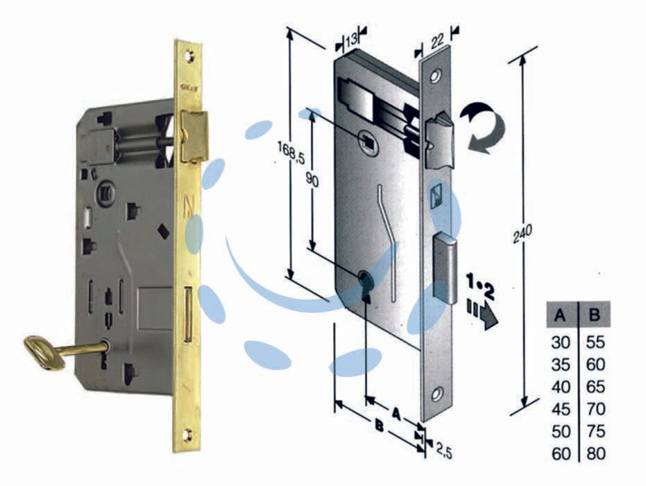 Serratura a bussola da infilare bordo quadro ottonato - mm.30 bordo acciaio ottonato - scatola in acciaio lucido, quadro maniglia mm.8 dotazione 1 chiave, interasse mm.90, frontale bordo quadro