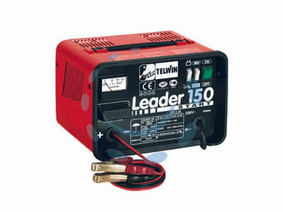 Caricabatterie con avviatore leader 150 start 20/140a 12v - potenza assorbita 0,3/1,4 Kw, monofase, tensione di rete 230v / 50/60Hz, tensione di carica e avviamento 12v, corrente di car...