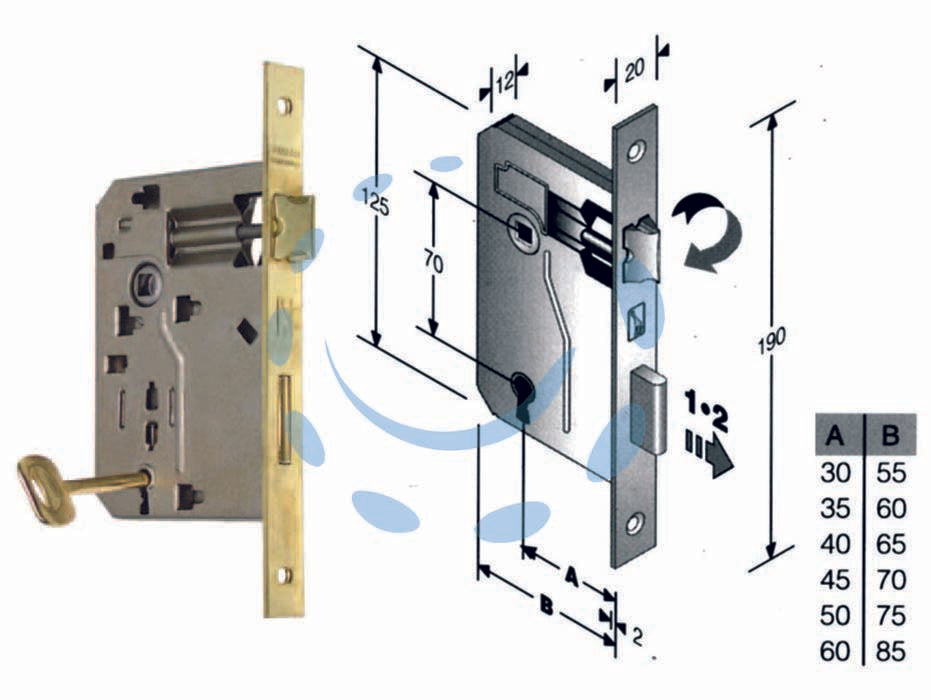 Serratura a bussola ridotta da infilare bordo quadro ottonato - mm.30 bordo acciaio ottonato - scatola in acciaio lucido, quadro maniglia mm.8 dotazione 1 chiave, interasse mm.70, frontale bordo quadro