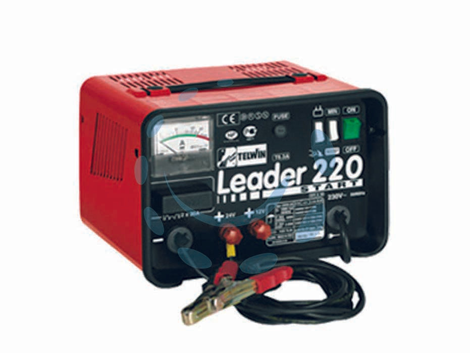 Caricabatterie con avviatore leader 220 start 30/180a 12v - potenza assorbita 0,8/3,6 Kw, monofase, tensione di rete 230v / 50/60Hz, tensione di carica e avviamento 12/24v, corrente di ...