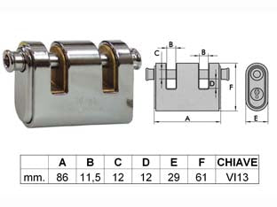 Lucchetto corazzato a due bocche panzer - mm.86 (art.4126) - corpo in ottone monoblocco, corazza mm.3 in acciaio  temperato per alta resistenza al taglio, ramata, nichelata e cromata, 2 ...