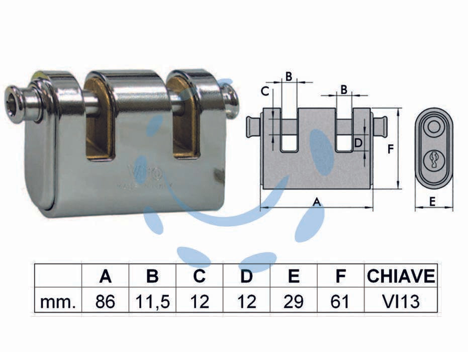 Lucchetto corazzato a due bocche panzer - mm.86 (art.4126) - corpo in ottone monoblocco, corazza mm.3 in acciaio  temperato per alta resistenza al taglio, ramata, nichelata e cromata, 2 ...