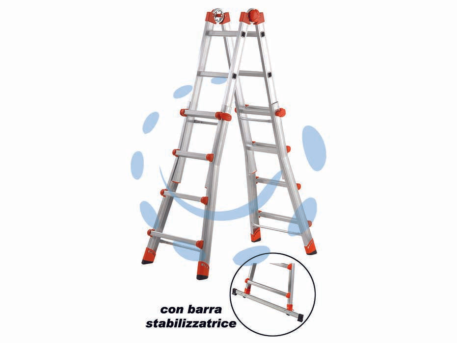 Scala multifunzione telescopica peppina en 131 5+5 g.- ap. cm.482h.- cm.63x24x141h.- Kg.14 AL040 - struttura solida in alluminio rinforzata, portata kg.150, con barra stabilizzatrice in conformità con la norma EN131-4, maggi...